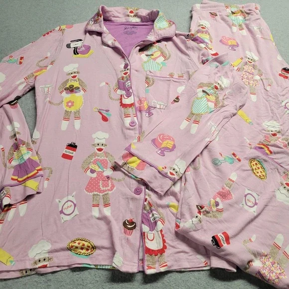 Nick & Nora 2-piece PJ Coat Set Baking Monkey Monkies Size X-Small Pink - Picture 1 of 16
